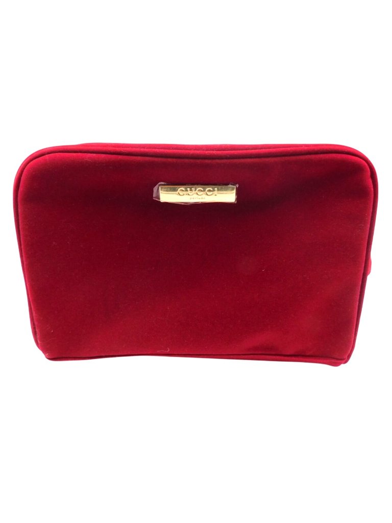 Gucci Parfum Red Velvet Zip Pouch Makeup Bag Gold Hardware 10"